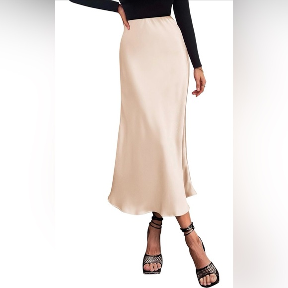 BTFL-Life Dresses & Skirts - Fall Long Satin Skirt Silk - High Waist Beige - Large (12/14)